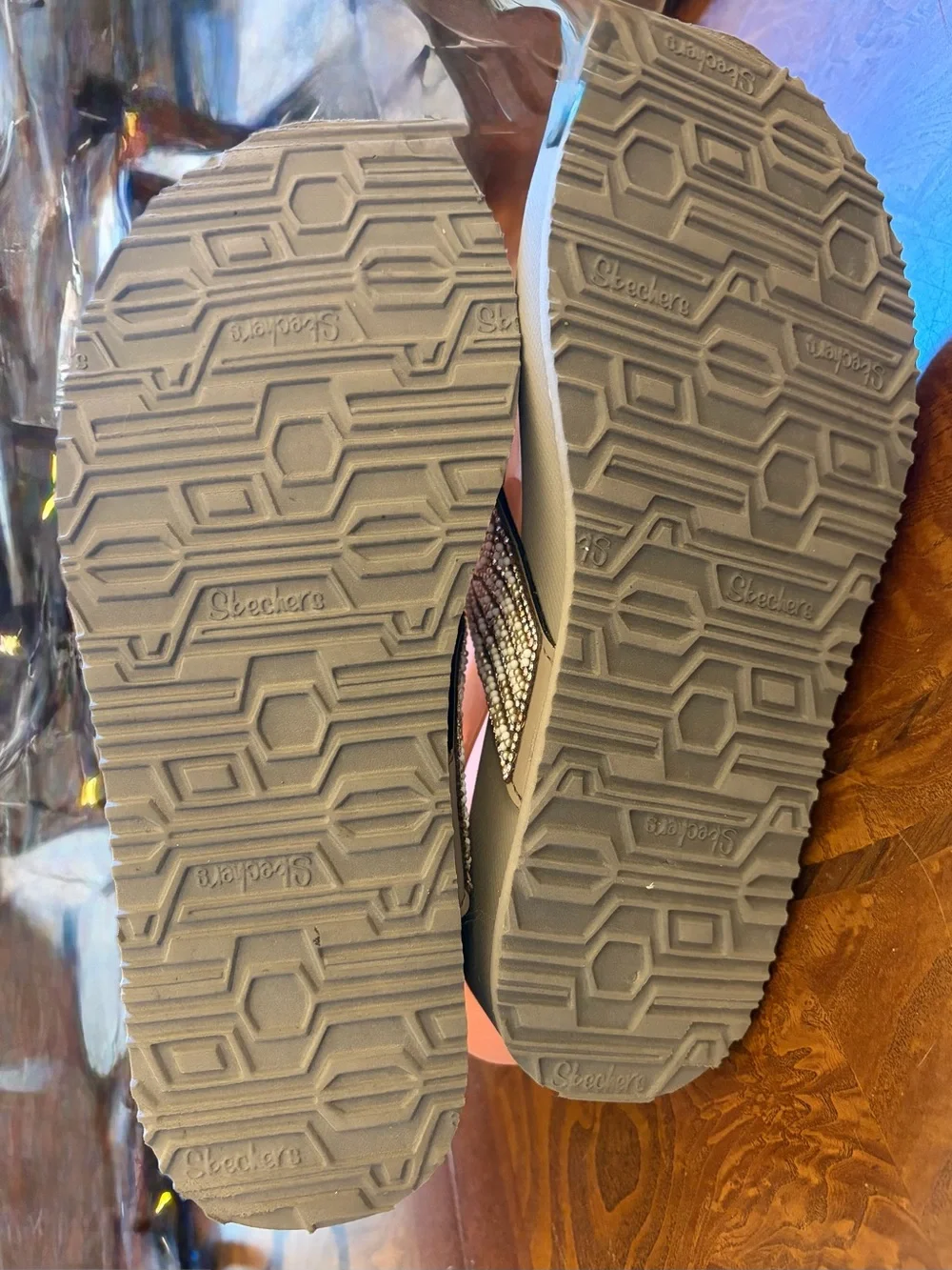 Skechers Taupe Wedge Thong Sandals with Gold Rhinestone Accents